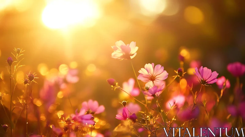 Pink wildflowers in low sun with strong golden backlight.