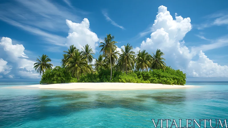 Tropical island with white sand beach surrounded by crystalline turquoise water.