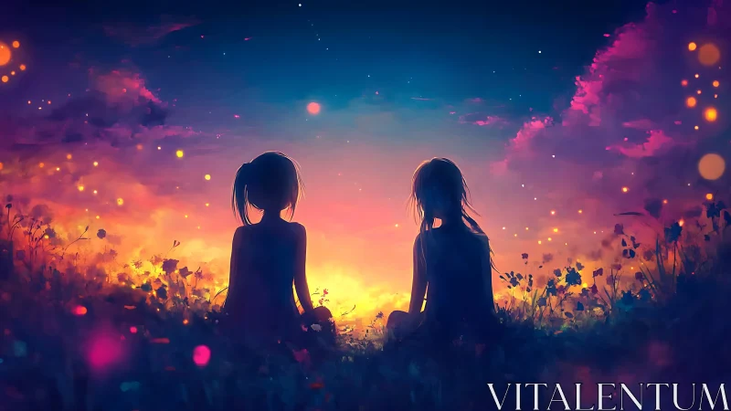 Starlit friends trading secrets in a neon dusk meadow.
