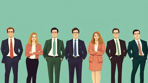Seven business professionals stand in a row against green background