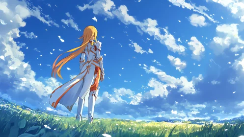 Backlit anime figure surveys dynamic cumulus sky over meadow