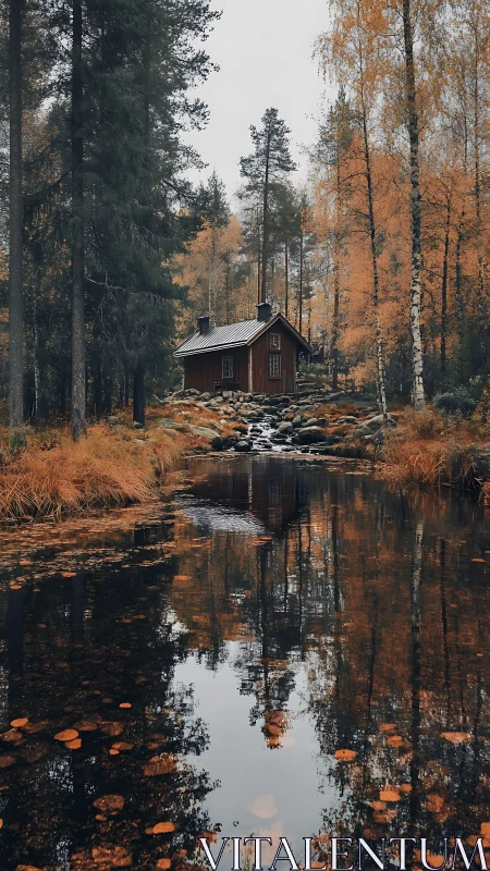 Remote forest cabin by calm autumn river reflection.