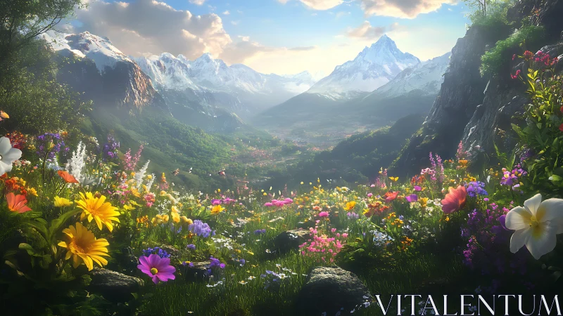 Sunlit alpine meadow opening to a dreamlike mountain valley.