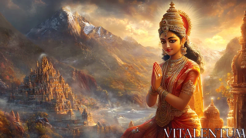 Hindu goddess figure before golden mountain temples landscape.
