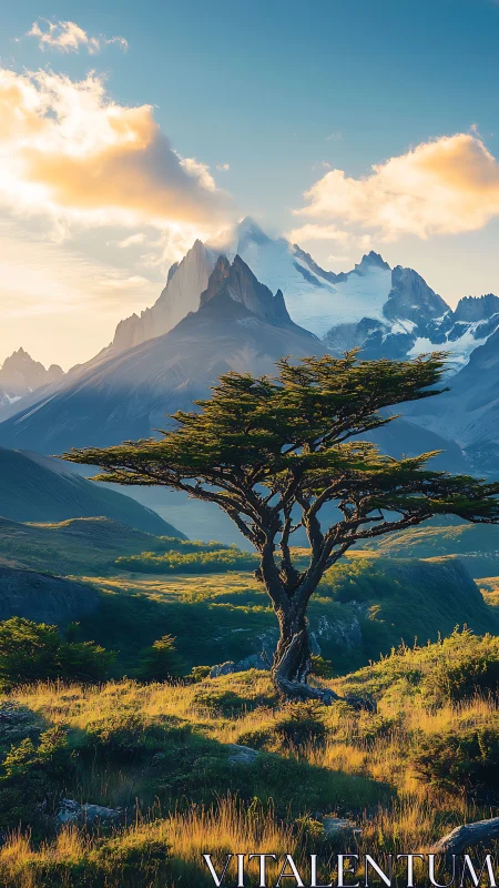 Solitary tree stands before distant snow-covered mountain peaks