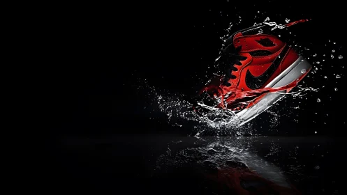 Red and Black Sneaker Splashing in Water on Dark Background.