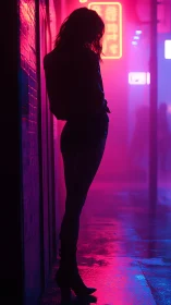 Silhouette of figure in neon lit alleyway at night.