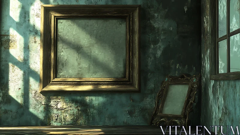 Empty gold frames lean and hang in a decayed green room