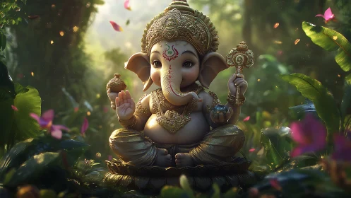 Highly detailed 3D baby Ganesha idol in luminous jungle clearing