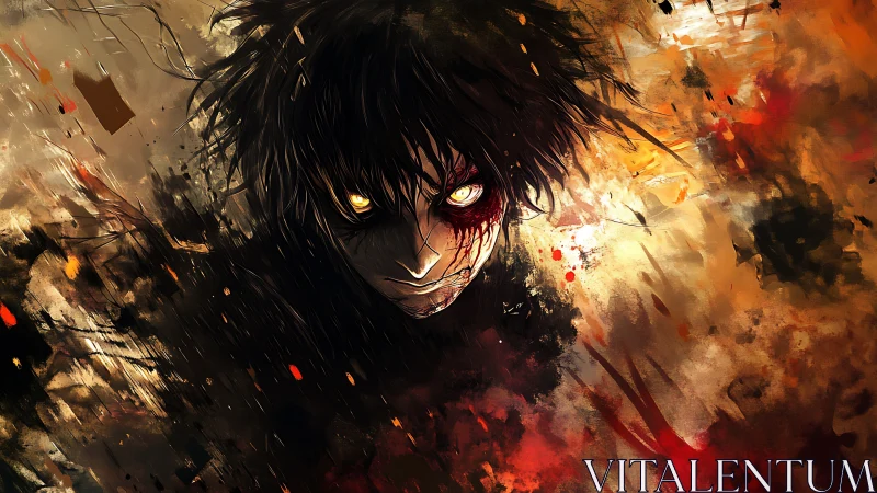 Ferocious yellow-eyed antihero emerging through chaotic brushfire