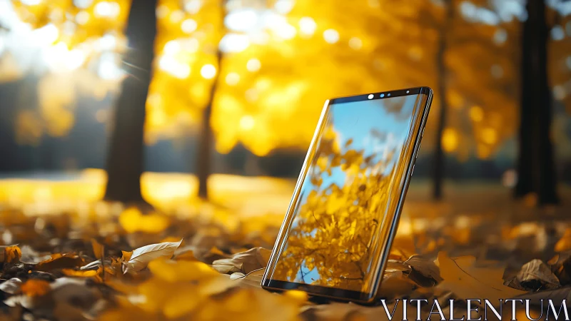 Golden autumn forest reflected in a standing smartphone screen.
