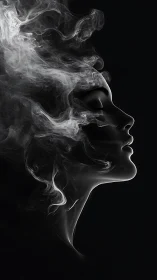 Ethereal smoke-formed profile drifts through shadowed silence