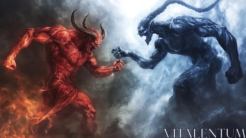 Fire demon clashes with ice demon in violent elemental duel.