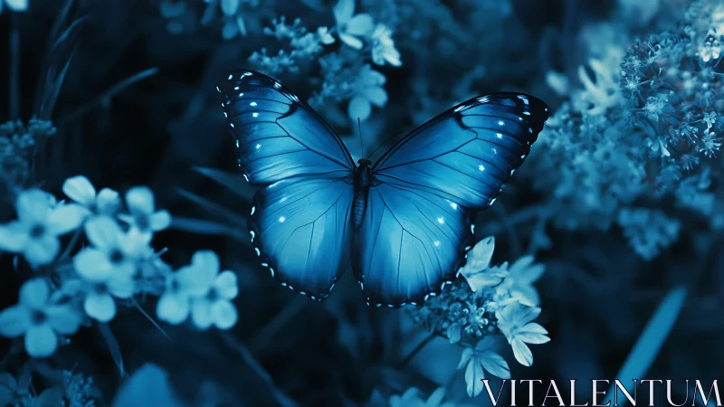 Blue butterfly resting on small flowers in monochrome field.