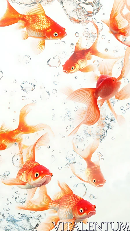 Bright orange goldfish swimming in clear water bubbles.