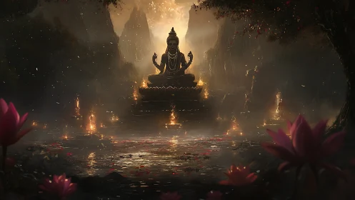 Golden deity statue glows above lotus pond in misty canyon