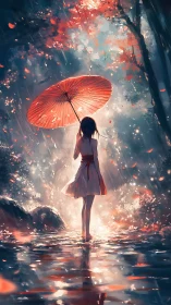 Girl with red umbrella in luminous autumn rainforest dreamscape.