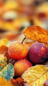 Dew covered small apples among autumn foliage in focus.