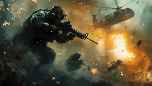 Elite soldiers advance under fire amid blazing battlefield chaos