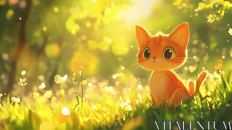 Sunlit kitten gazes softly in a glowing forest meadow.