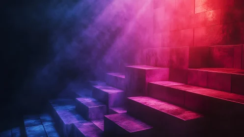 Abstract glowing staircase with neon purple and red lighting effects.