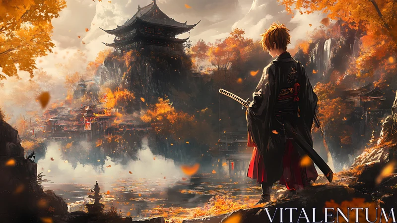 Samurai over autumn lake facing misty mountain temple.