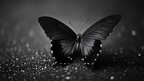 Monochrome macro study isolates a black butterfly on wet ground