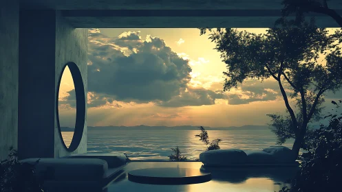 Modernist open-air lounge facing reflective seascape sunset
