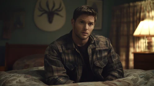 Thoughtful young man resting on a cozy bedroom bed.