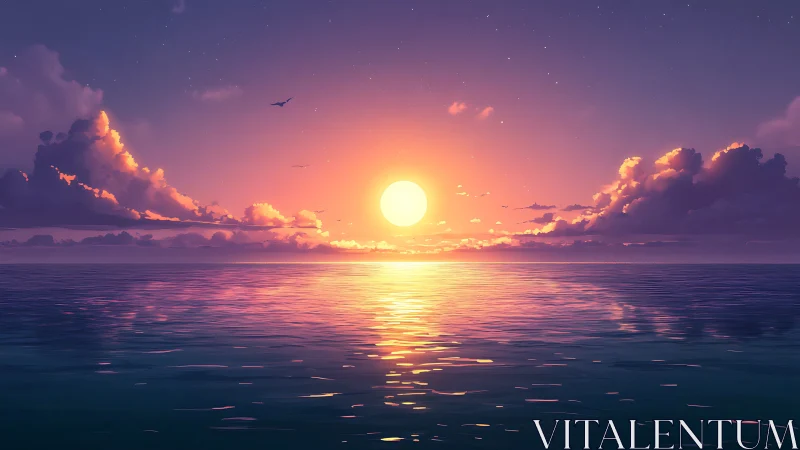 Digital seascape renders low-sun horizon with cloud layers