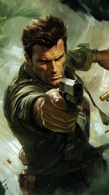 Armed male figure aiming handgun in dynamic action pose.