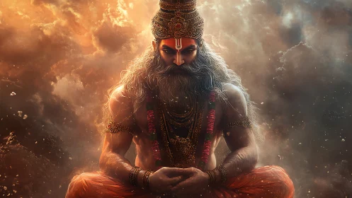 Digital painting of meditative sage in celestial storm light.