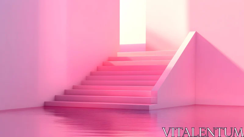 Minimalist Pink Staircase with Reflective Floor in Soft Light.