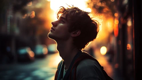 Backlit city portrait of young man in golden dusk glow.