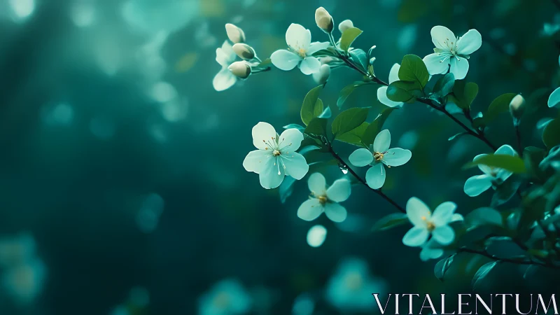 Spring blossoms glowing in teal-tinted forest light.