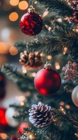 Red Christmas baubles glow among pine and frosted cones.