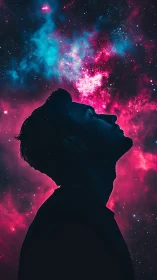 Silhouetted dreamer gazes upward against glowing cosmic nebula