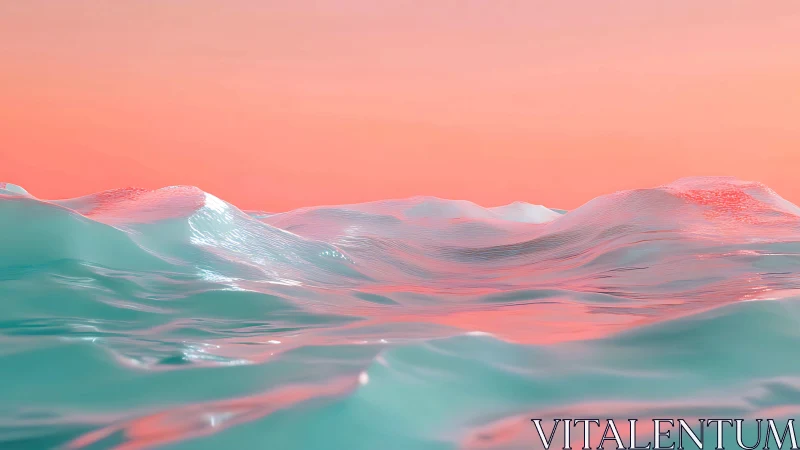 Pastel cyan waves ripple under soft coral sunset sky