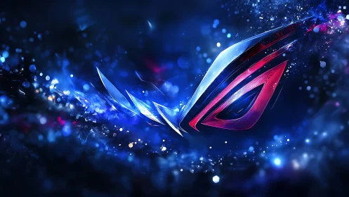 Futuristic neon emblem with dynamic blue particle vortex.