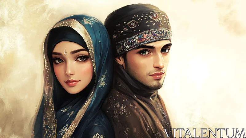 Islamic Portrait Pair: Ornamental Headwear and Traditional Attire.