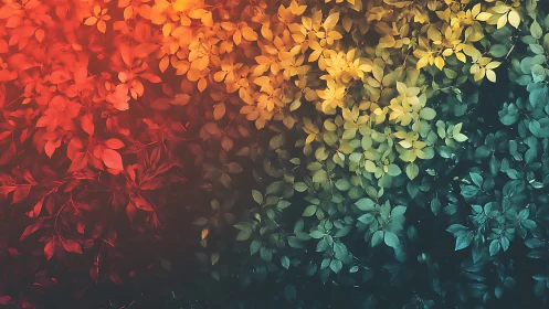 Gentle gradient of colorful leaves glows in warm evening light