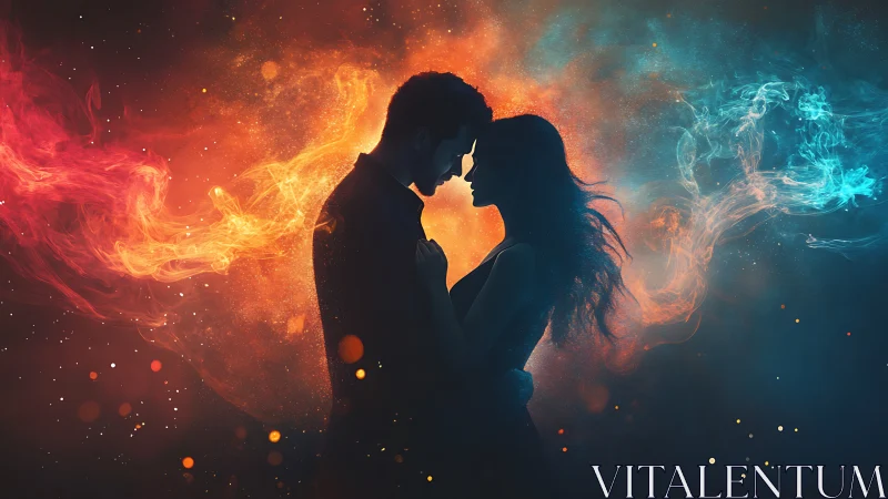 Silhouetted couple sharing intimate moment beneath luminous elemental fire
