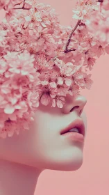 Soft surreal portrait merges feminine beauty with cherry bloom