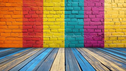 Colorful striped brick wall meets painted wood floor.