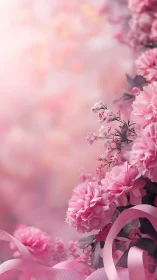 Pink carnations with ribbons on softly blurred floral background.