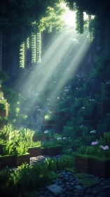 Voxel forest clearing shows volumetric light rays through canopy