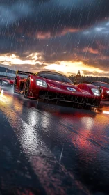 Red endurance racer charging through dramatic rainstorm.