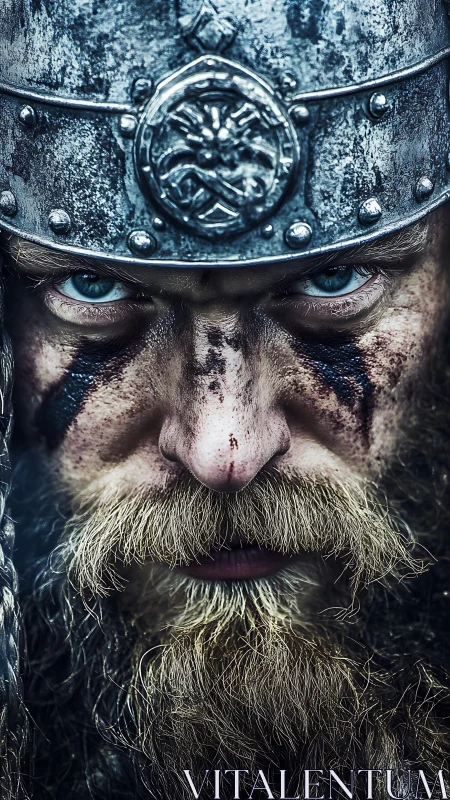 Weathered warrior gazes forward with fierce, steady calm.
