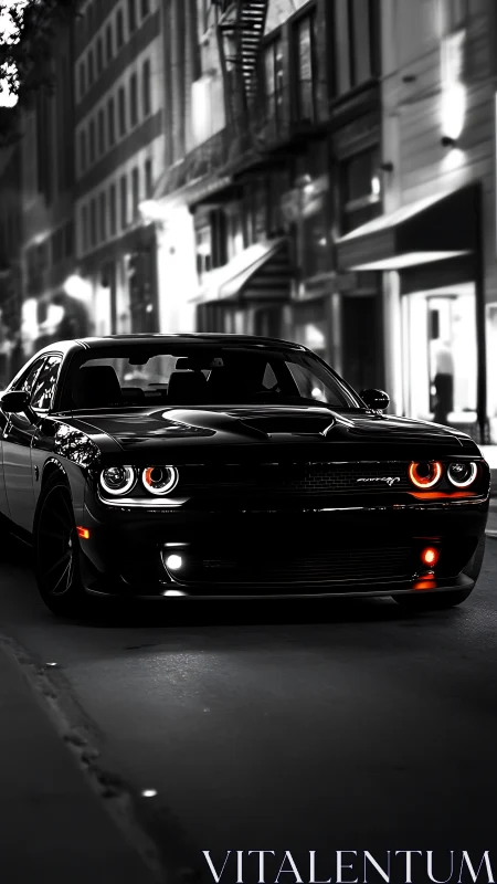 Muscle car prowls a dim city street in dramatic monochrome.
