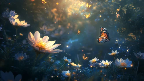 Monarch butterflies above illuminated flowers at dusk.